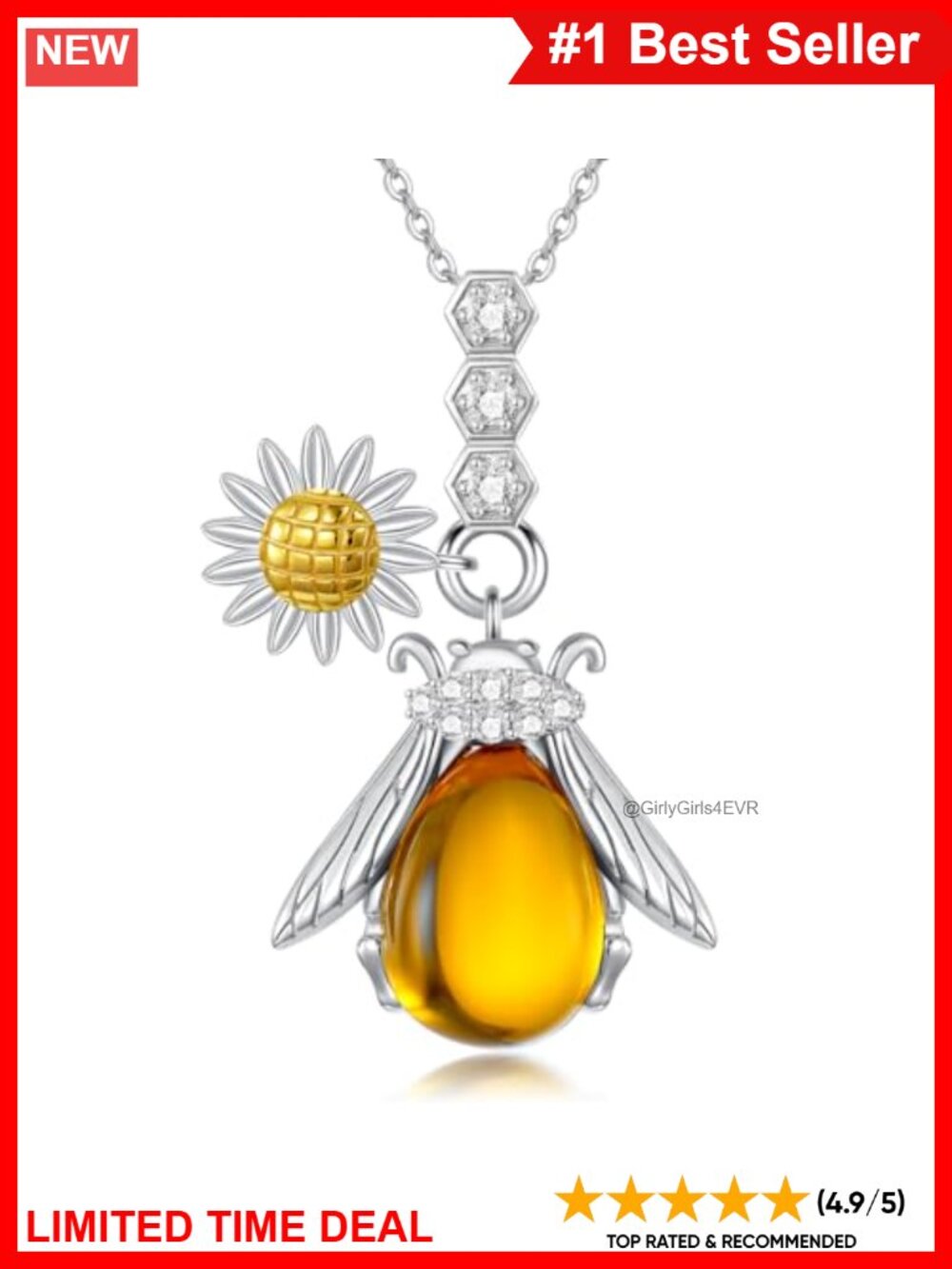 Sterling Silver Bee Sunflower Pendant Necklace Hypoallergenic Gift